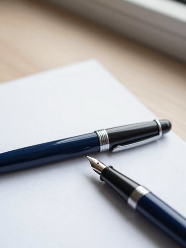 Close-up of a fountain pen resting on a crisp white contract document, soft natural overcast daylight, deep navy tones, shallow depth of field, minimalist editorial style