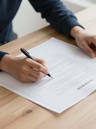 Close-up of hands reviewing a clean architectural blueprint and signed contract on a light wooden table, soft overcast morning light, minimalist aesthetic, 35mm