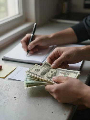 Close-up of hands sorting paper bills and handwritten notes on a worn kitchen table, natural overcast window light from the left, a pen resting mid-use on an open notebook, no people's faces visible