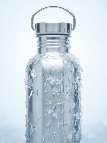 Crisp architectural product portrait of a sleek aluminum ALVIO water bottle, bright high-key studio light, sharp water refractions, cool blue and icy white tones, macro lens