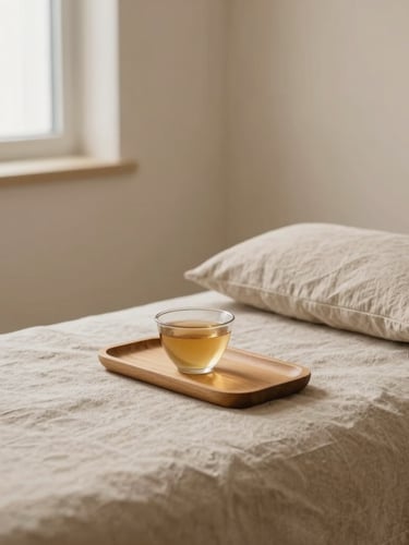 A cozy, private relaxation corner in a clinical wellness center, soft linen textiles, warm sand tones, a small cup of herbal tea on a wooden tray, shallow depth of field