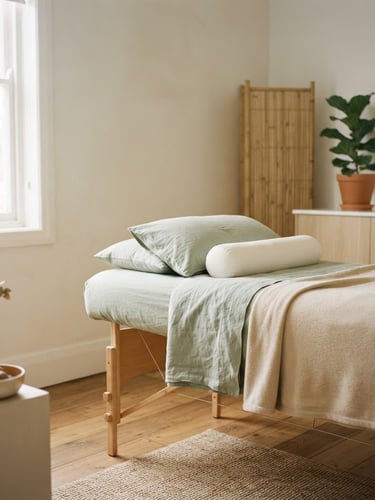 Warm clinical photography, soft natural daylight illuminating a serene treatment room with sage green textiles, a clean massage table, minimalist aesthetic, 35mm