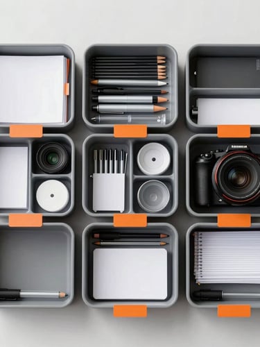 Top-down flat lay of perfectly organized high-grade office supplies in modular gray trays under bright, crisp studio lighting, safety orange accent tags visible.