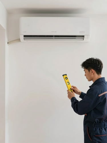 Straight-on architectural shot of a clean, modern living room with a perfectly aligned air conditioner, a technician in a clean navy uniform using a spirit level, bright natural daylight, crisp geometry