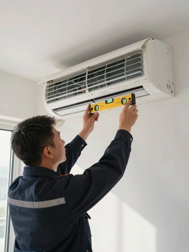 Straight-on architectural shot of a clean, modern interior where a technician in a neat dark uniform uses a digital spirit level to align an indoor AC unit perfectly with the wall line. Bright natural daylight.