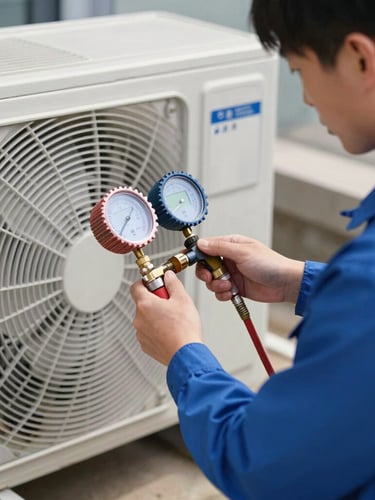 A professional technician in a clean blue uniform using a digital gauge to check gas pressure on a perfectly aligned outdoor air conditioning unit, bright daylight.