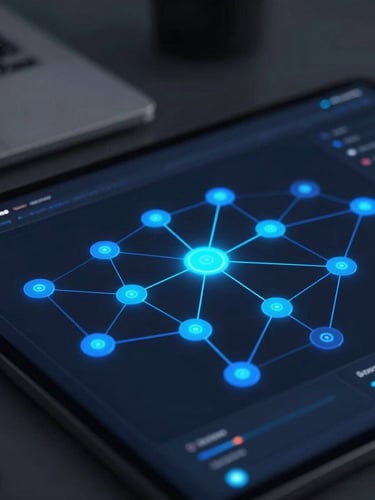 Sleek tech photography, close-up of a high-fidelity CRM pipeline dashboard on a dark screen, glowing blue node connections, minimalist workspace background, macro 35mm