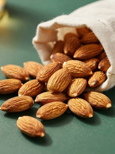 Macro overhead shot of whole unblemished almonds spilling from a minimalist linen pouch on a dark green surface, warm directional side-lighting, shadow play