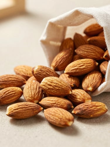 Macro overhead shot of whole unblemished almonds spilling from a minimalist linen bag onto a light cream stone surface, warm side-lighting, soft shadows