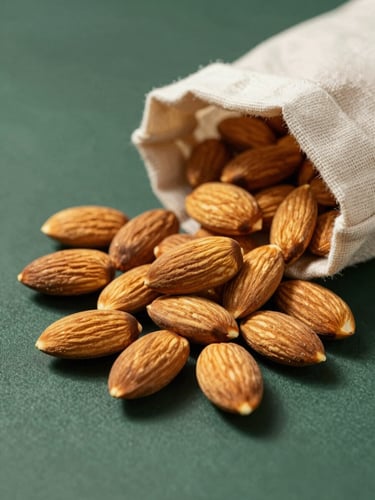 Overhead macro shot of whole unblemished almonds spilling out of a minimalist linen bag, warm side-lighting, deep green shadows.