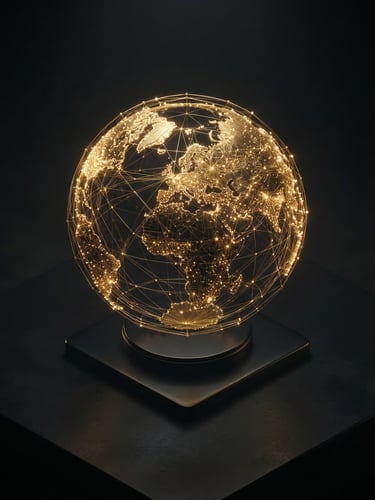 An ultra-modern isometric 3D render of a golden globe network on a matte black surface, dramatic low-key studio lighting, gold rim-lights, octane render style