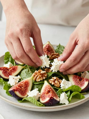 Close-up of hands assembling a colorful salad with figs, walnuts, and goat cheese on a textured ceramic plate, bright natural light, clean editorial composition