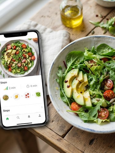 A sleek modern smartphone mockup showing a vibrant salad recipe app interface, placed next to a ceramic bowl filled with crisp green leaves, avocado slices, and golden olive oil drops, bright natural daylight, soft shadows