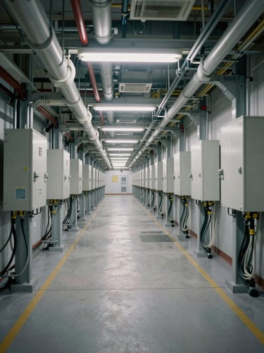 Wide shot of a technical infrastructure corridor inside a government facility, overhead cable trays running the full length, precisely installed conduit and junction boxes, cool fluorescent lighting casting clean shadows, no people visible