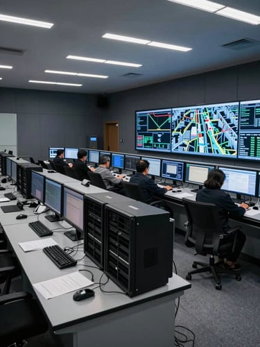Wide-angle interior of a government control room, banks of monitors displaying city infrastructure data, cool LED overhead lighting casting precise shadows on server consoles, no personnel visible, deep graphite walls, documentary framing