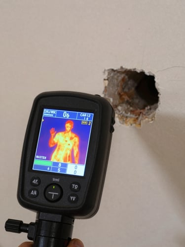 Close-up of a professional thermal imaging camera showing heat signatures of a hidden water leak behind a wall, clear diagnostic screen visible.