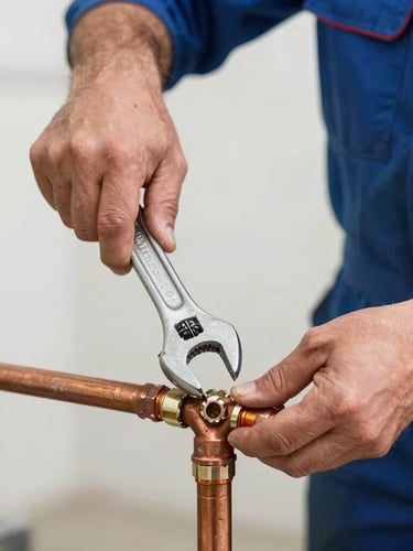 Close-up action shot of a professional plumber's hands in blue uniform using a heavy-duty wrench to secure a copper pipe joint under bright work lights, sharp focus.