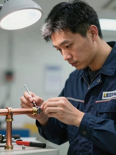 A licensed technician in a clean navy uniform repairing a copper pipe joint under bright work lights, focused action shot, professional tools visible.
