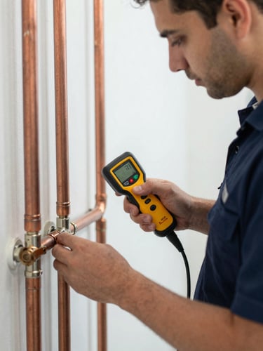 A professional Dubai technician in a clean navy uniform using a thermal leak detector on copper pipes, bright high-utility lighting, close-up action shot.