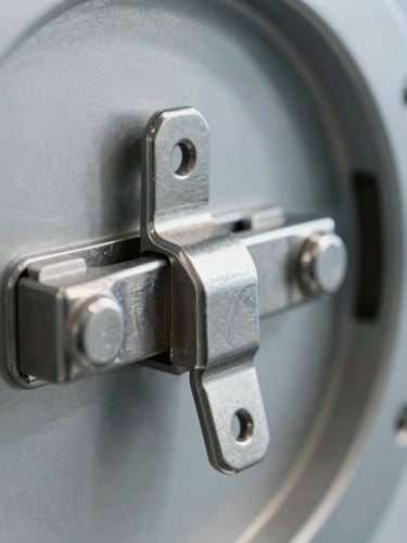 Macro detail shot of a heavy-duty stainless steel chamber door latch, clinical laboratory lighting, cold metallic steel tones, sharp high-contrast shadows.