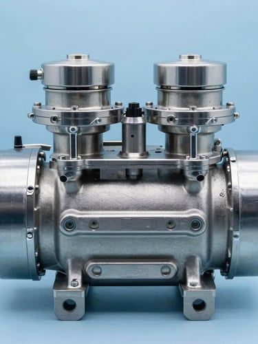Straight-on orthographic macro shot of a polished stainless steel dual-stage refrigeration compressor manifold, clinical blue lighting, sharp shadows, technical laboratory setting