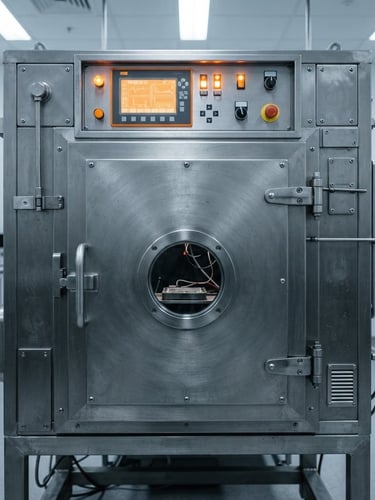 Straight-on orthographic shot of a heavy-duty stainless steel temperature shock test chamber, industrial PLC controller illuminated in safety-orange, cool clinical lab lighting, sharp shadows