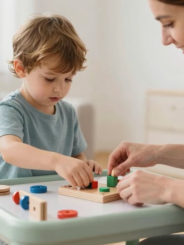 Eye-level medium shot of child and therapist playing with wooden educational toys on a light table, soft diffused daylight, warm sage and slate tones, shallow depth of field