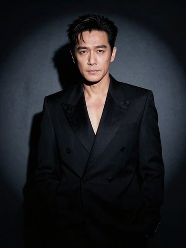 Dramatic high-contrast studio portrait of an iconic celebrity in a sharp black suit, spotlighting, deep shadows, dark background, cinematic 35mm