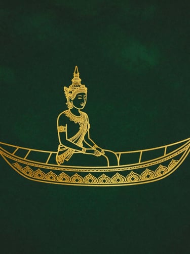 Elegant golden Suphannahong barge line art, subtly rendered on a deep forest green background, with soft atmospheric lighting, 35mm