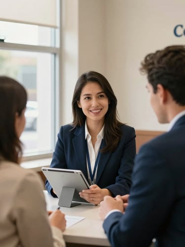 Warm editorial photography of a local community bank interior, soft natural window light, a loan officer and customer conversing over a tablet, shallow depth of field, 35mm.