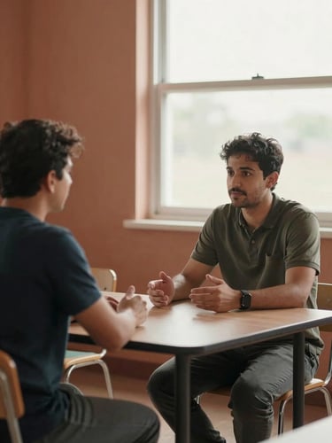 Medium shot, natural window light flooding a community room — two people seated across a small table mid-conversation, hands resting open, one listening with calm attention, warm clay-toned walls behind them, soft afternoon glow