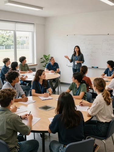 Wide shot of a community health workshop in a bright classroom, a facilitator at the front gesturing toward a flip chart, participants seated at round tables in animated conversation, natural window light from the left, diverse group of adults and teens