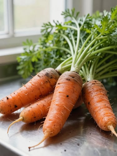 Macro close-up of fresh, soil-dusted heirloom carrots with vibrant green tops, resting on a clean stainless steel commercial prep table, natural morning window light, shallow depth of field, 35mm