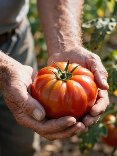 Close-up of a farmer's weathered hands gently holding a pristine, vibrant heirloom tomato in a sunlit field, rich earthy tones, shallow depth of field.