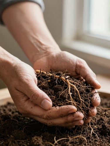 Hands of a farmer gently cradling rich, dark organic soil filled with healthy roots, soft natural morning light, shallow depth of field, 35mm photography
