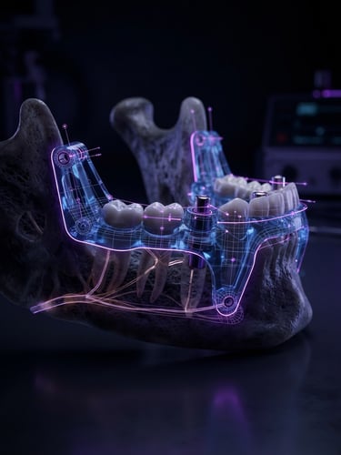 Extreme close-up 3d digital render of a surgical guide overlay on an anatomical mandible model, moody low-key studio lighting, deep purple neon edge-lights, ultra-precise technical wireframe details.