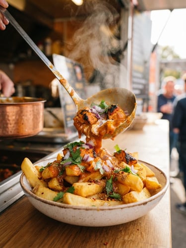 A close-up of steaming chicken tikka masala poured over thick-cut chips, steam rising in warm natural daylight from a food truck window, vibrant colors.