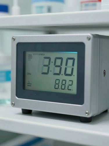 Close-up of a temperature-controlled storage container with a digital temperature display showing optimal chill settings, clean sterile background.