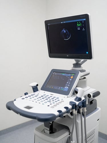 A modern clinical ultrasound machine in a bright, white-walled room, clean hospital setting, sharp focus on the digital interface, professional medical environment.