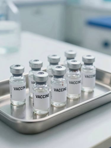 Bright, clean clinical environment with sealed, temperature-monitored vaccine vials resting in a sterile stainless steel tray under white light.
