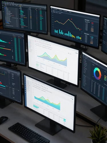 Wide-angle overhead view of multiple monitors displaying ecommerce analytics dashboards with graphs and conversion funnels, clean workspace, ambient cool light, data visualizations sharp against dark interface backgrounds