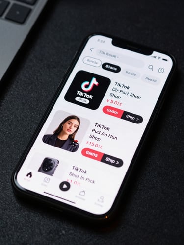 Close-up of a smartphone screen displaying a TikTok Shop product listing interface with metrics overlay, held steady on a dark desk surface under cool studio lighting, screen data sharp and vivid, deep shadows framing the device