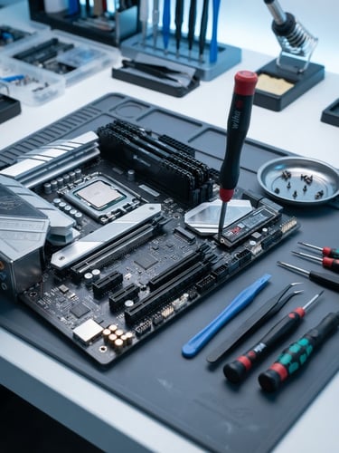 Macro photograph of a clean, organized IT repair workbench, precise screwdrivers, a motherboard on an anti-static mat, bright neutral studio lighting with soft blue undertones