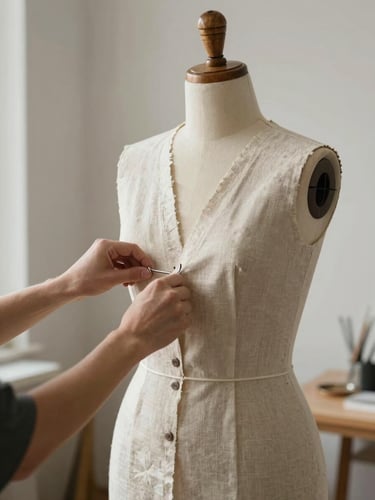 Hands pinning a heavy linen pattern on a wooden dress form in a quiet, sunlit Provo studio corner, soft northern daylight.