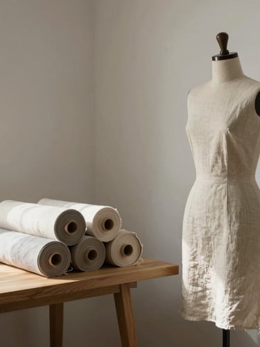 A quiet, architectural corner of a modern clothing design studio in Utah. Soft, diffused daylight illuminates a linen-draped dress form next to a minimalist wooden table stacked with neutral textile rolls.