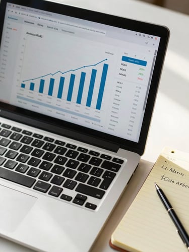 Close-up overhead flat lay of a laptop screen showing a revenue analytics dashboard with rising bar charts and ROAS figures, a yellow legal pad with handwritten notes beside it, morning window light casting soft shadows across the desk surface