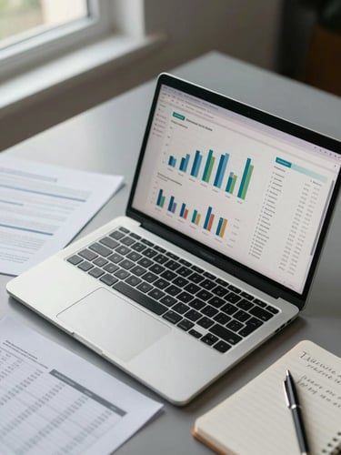 Close-up overhead flat lay of a laptop screen showing a revenue dashboard with bar charts and ROAS figures, surrounded by printed reports and a notepad with handwritten numbers, natural morning window light from the left, cool neutral desk surface