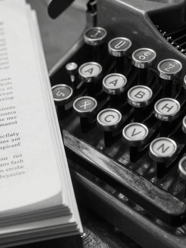 B&W close-up of vintage typewriter keys with stark directional shadows, a stack of heavily redacted manuscript pages resting to the side, high contrast.