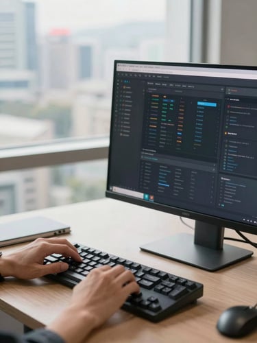 Close-up of a clean Hong Kong office desk, a developer's hands resting on a mechanical keyboard beside a monitor displaying a dark-mode dashboard UI, neutral daylight from a wide window, tight medium framing, no clutter