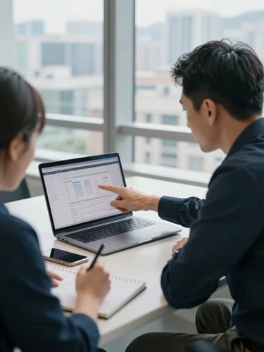 Medium shot of two professionals in a bright Hong Kong office, one pointing at a laptop screen showing a workflow automation interface, the other taking notes, natural window light, flat-lay desk visible with a phone and notebook, candid work moment not posed
